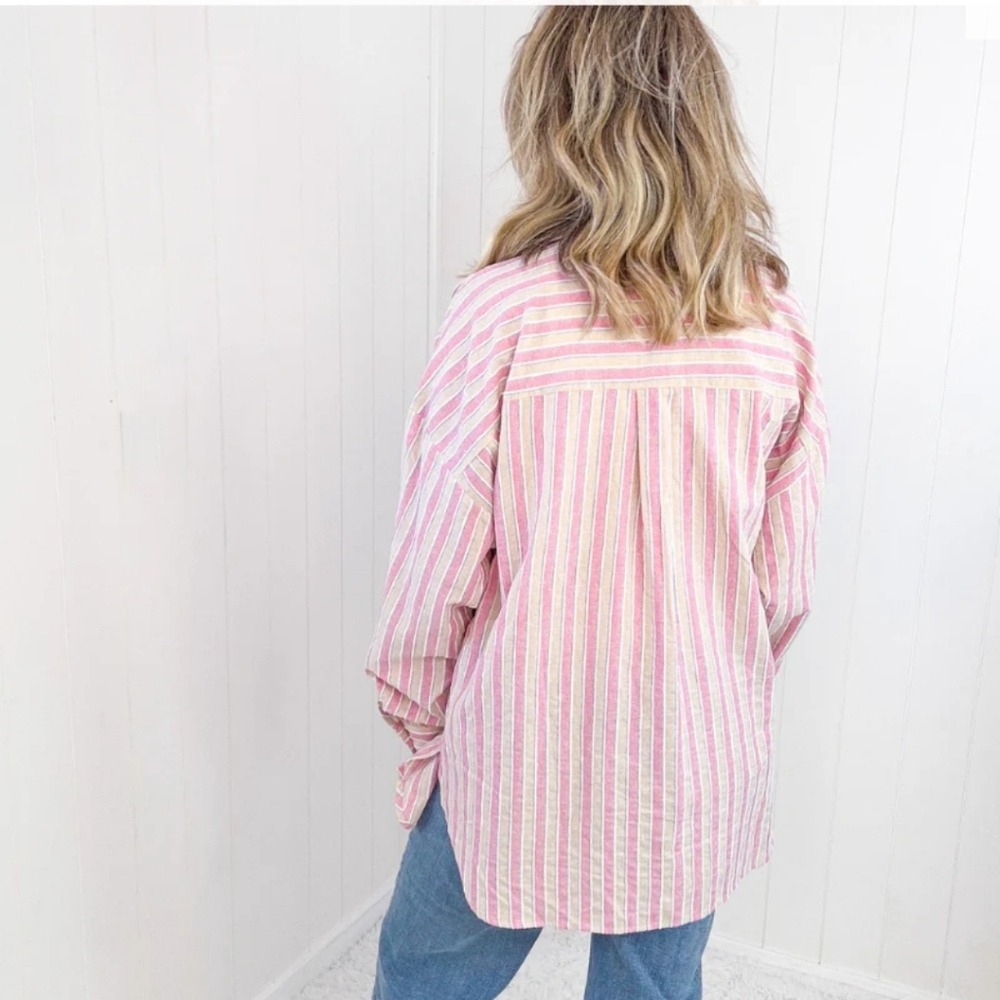 Easel Oversized Pink Blue Striped Textured Long Sleeve Button Up Top Shacket - Picture 4 of 9